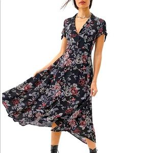 UO Elle Black Floral Button-Through Midi Dress